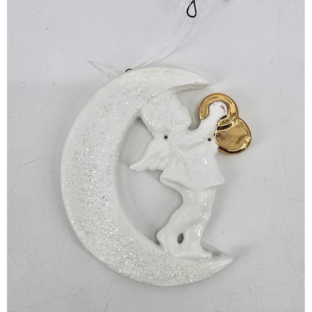 Vintage Department 56 Angel Crescent Moon Cymbals Porcelain Glitter Ornament